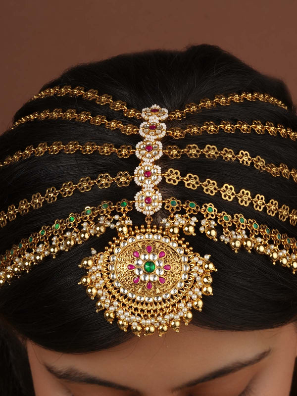 Multicolor Gold Plated Jadau Kundan Mathapatti - MM132M
