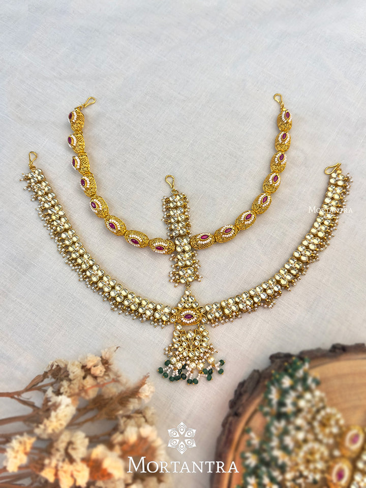 MS1715YP - Multicolor Gold Plated Bridal Jadau Kundan Medium Necklace Set With Tikka, Mathapatti And Two Hathphools