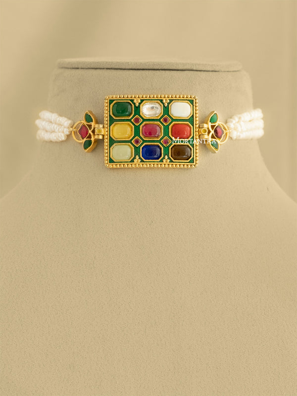 MN370N - Multicolor Navratna Jadau Kundan Choker Necklace
