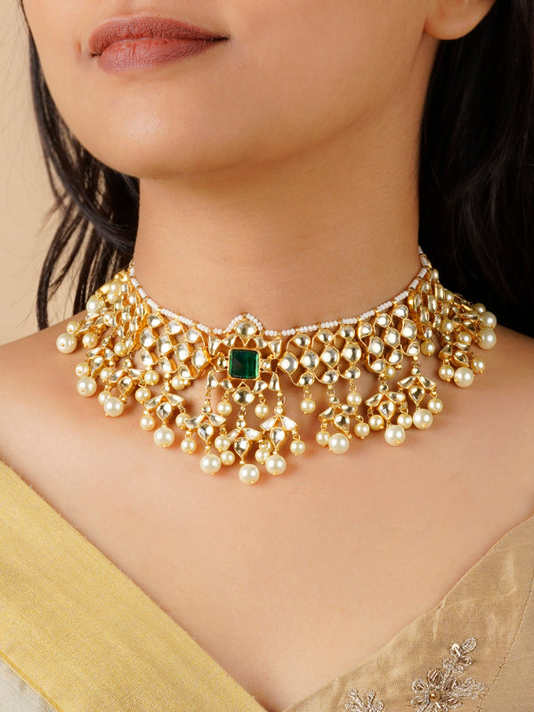 MN406YGR - Green Color Gold Plated Jadau Kundan Necklace