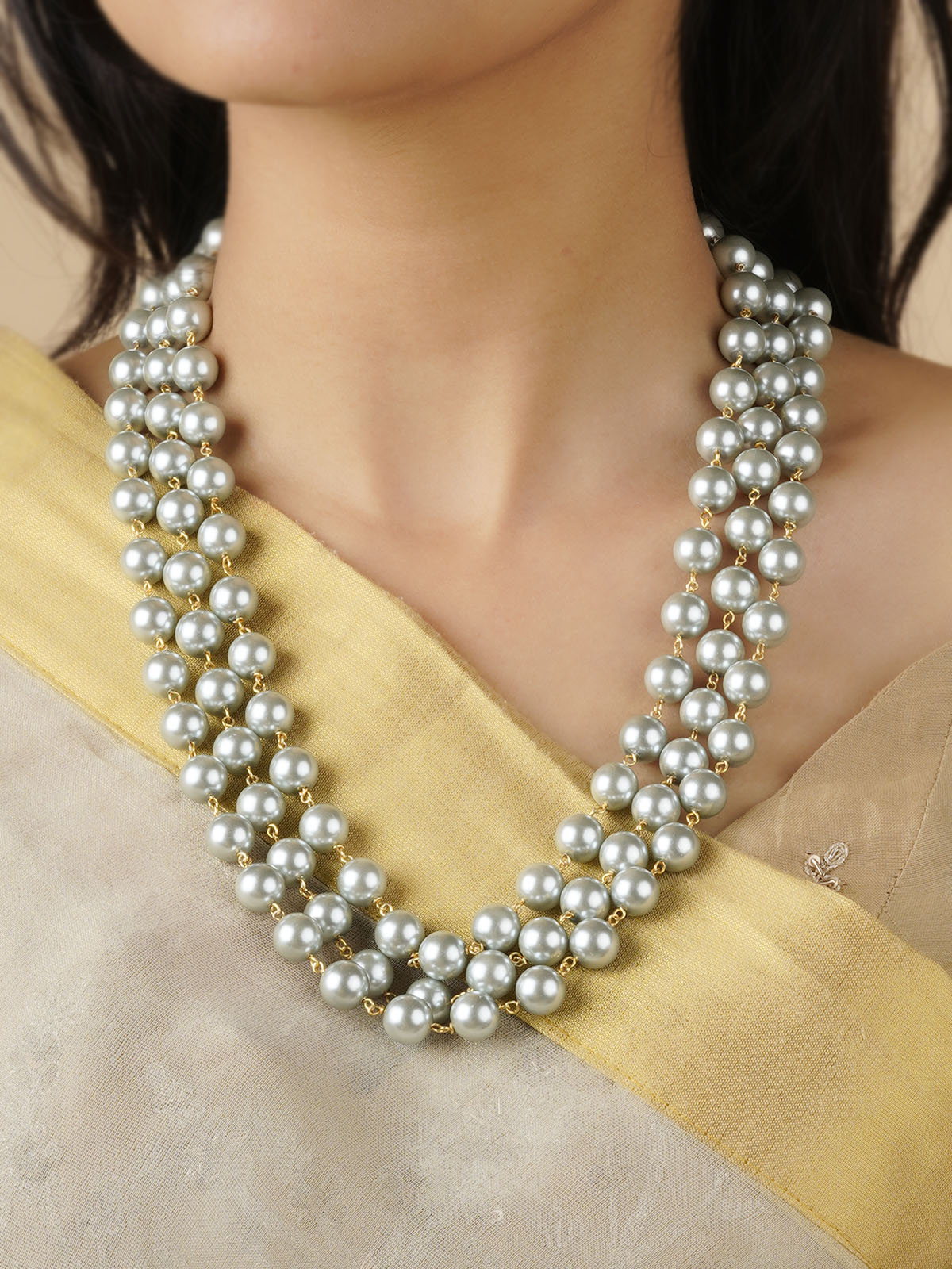 MN420 - Grey Color Gold Plated Necklace/Mala