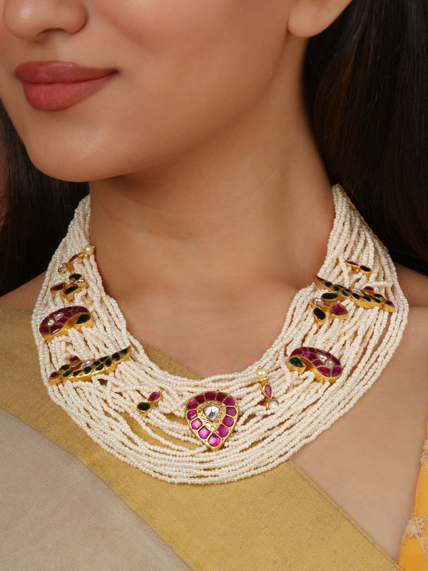 Multicolor Gold Plated Jadau Kundan Necklace - MN452M