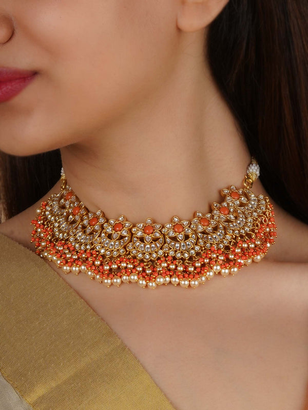 MN470 - Orange Color Gold Plated Jadau Kundan Necklace