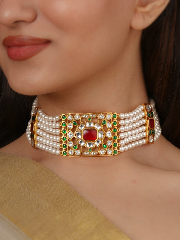 Multicolor Gold Plated Jadau Kundan Necklace - MN482M