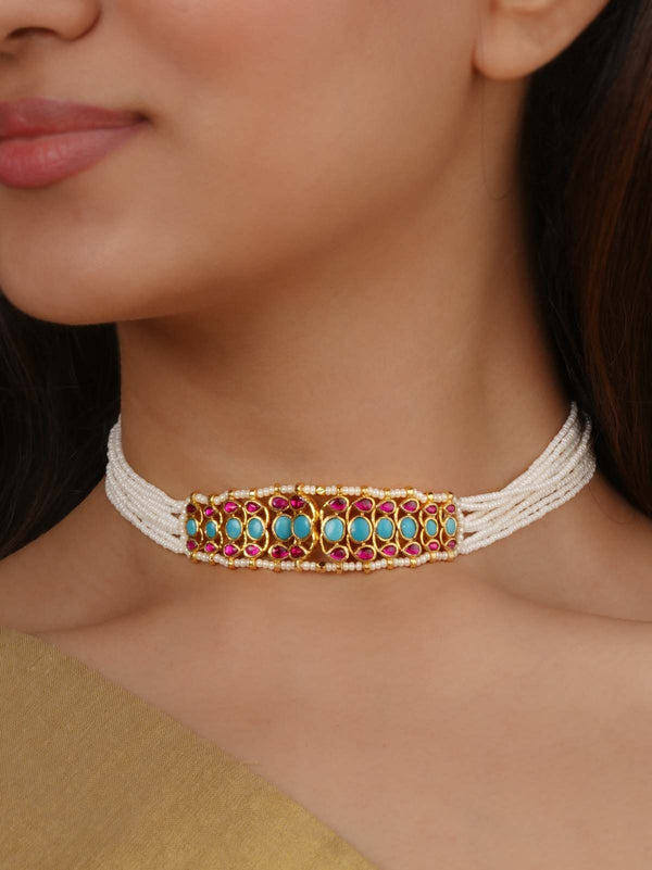 Multicolor Gold Plated Jadau Kundan Necklace - MN525FP