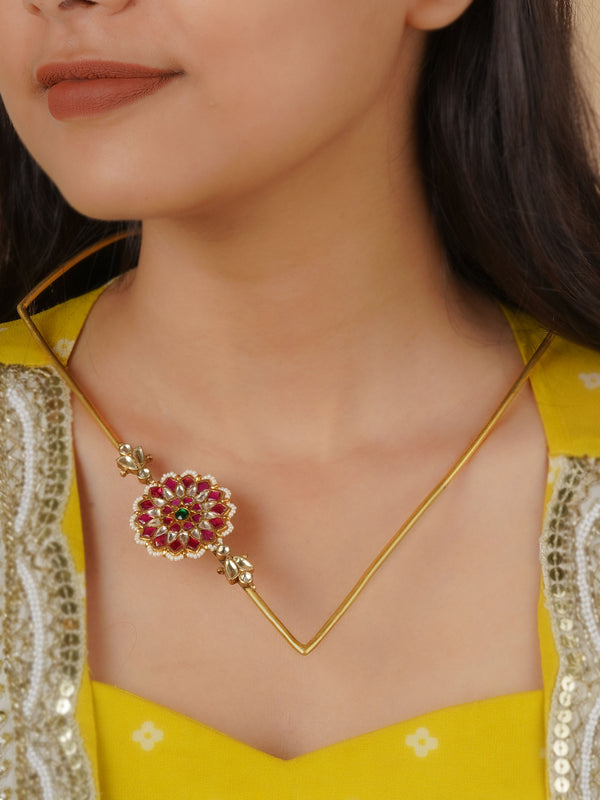 Pink Color Gold Plated Jadau Kundan Necklace - MN557