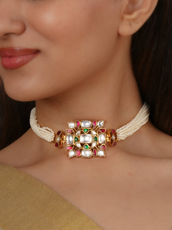 Multicolor Gold Plated Jadau Kundan Necklace - MN560M
