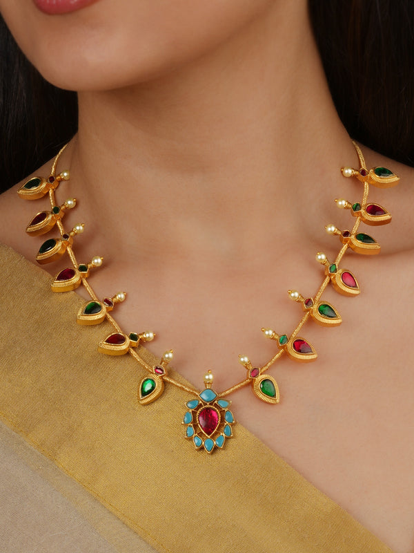 Multicolor Gold Plated Jadau Kundan Necklace - MN579M
