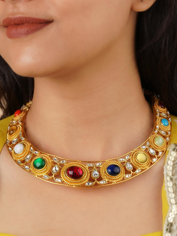 Navratna Gold Plated Jadau Kundan Necklace - MN644N