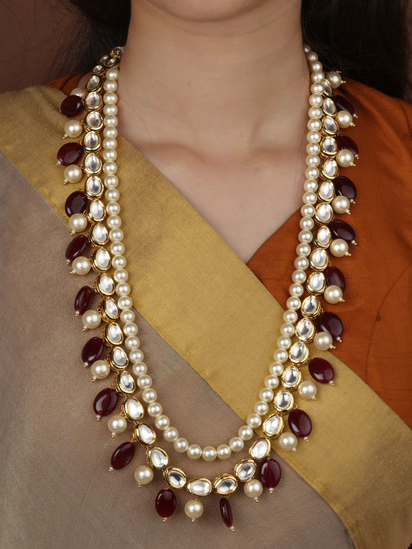 Maroon Color Gold Plated Jadau Kundan Necklace - MN656B