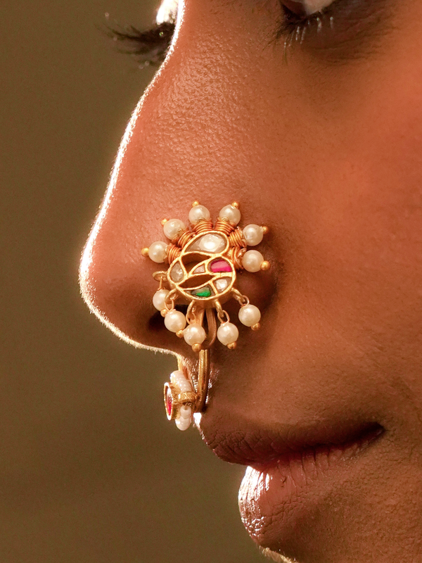 Multicolor Gold Plated Jadau Kundan Nosepin - MNTH104MA