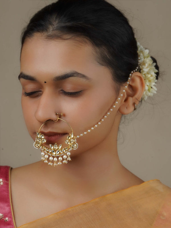 MNTH145Y - White Color Gold Plated Jadau Kundan Nosering