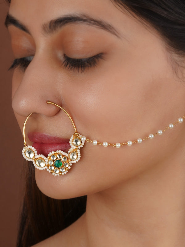 MNTH166YGR - Green Color Gold Plated Jadau Kundan Nosering