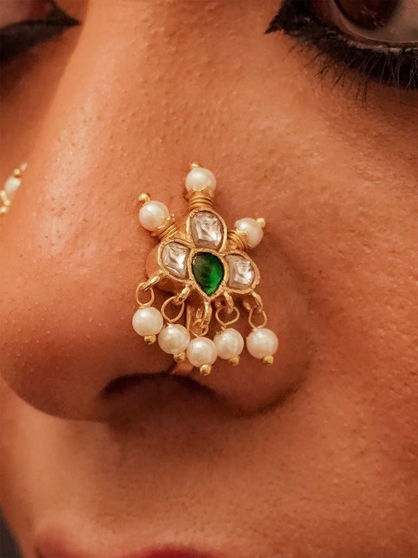 Green Color Gold Plated Jadau Kundan Nosepin - MNTH172WGR