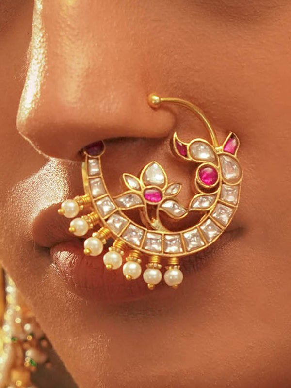 Pink Color Gold Plated Jadau Kundan Nosering - MNTH181WP