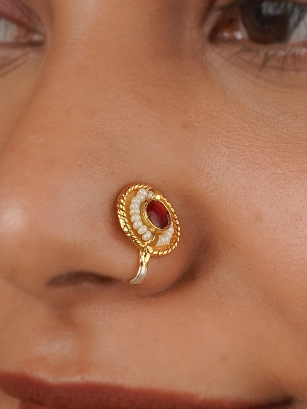 Red Color Gold Plated Jadau Kundan Nosepin - MNTH186P