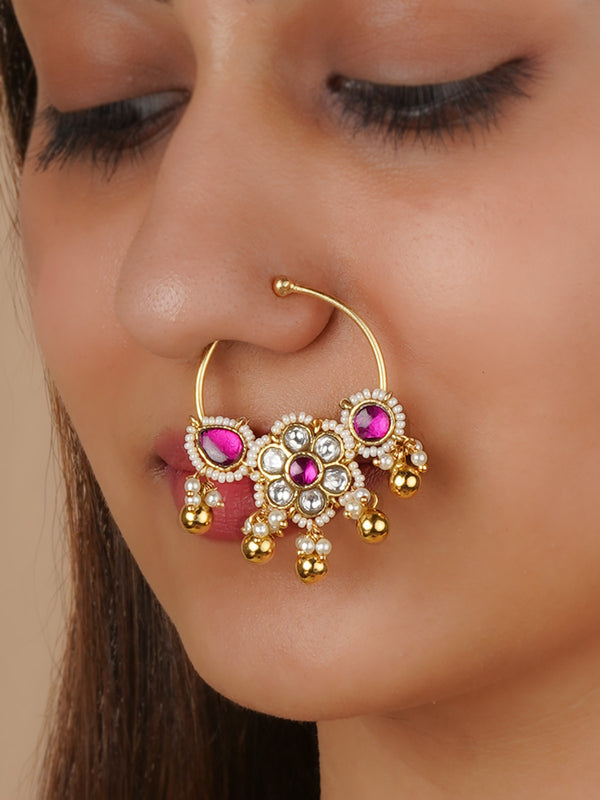 MNTH192WP - Pink Color Gold Plated Jadau Kundan Nosering