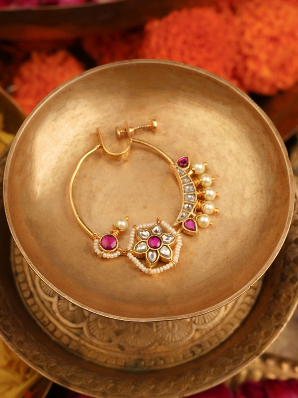 Pink Color Gold Plated Jadau Kundan Nosering - MNTH194WP