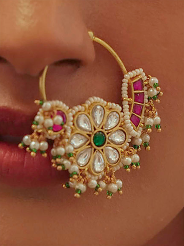 Multicolor Gold Plated Jadau Kundan Nosering - MNTH197M