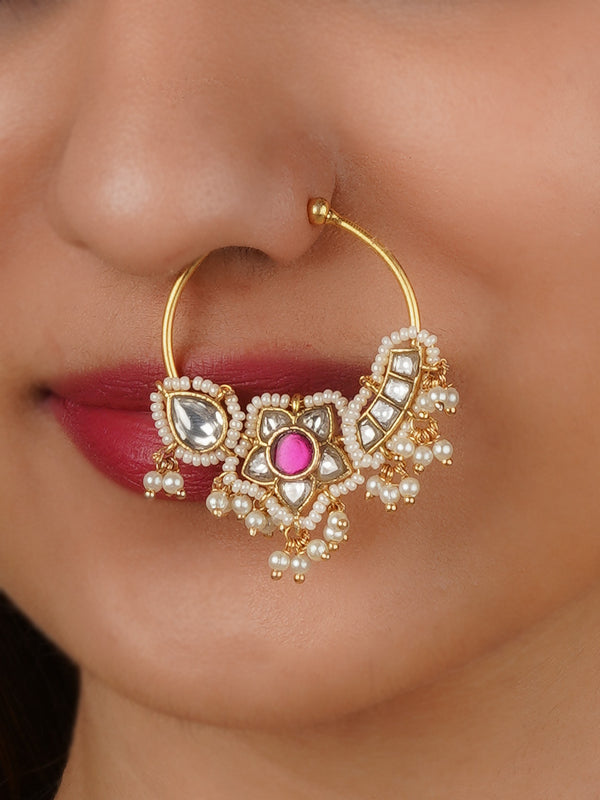 Pink Color Gold Plated Jadau Kundan Nosering - MNTH198WP