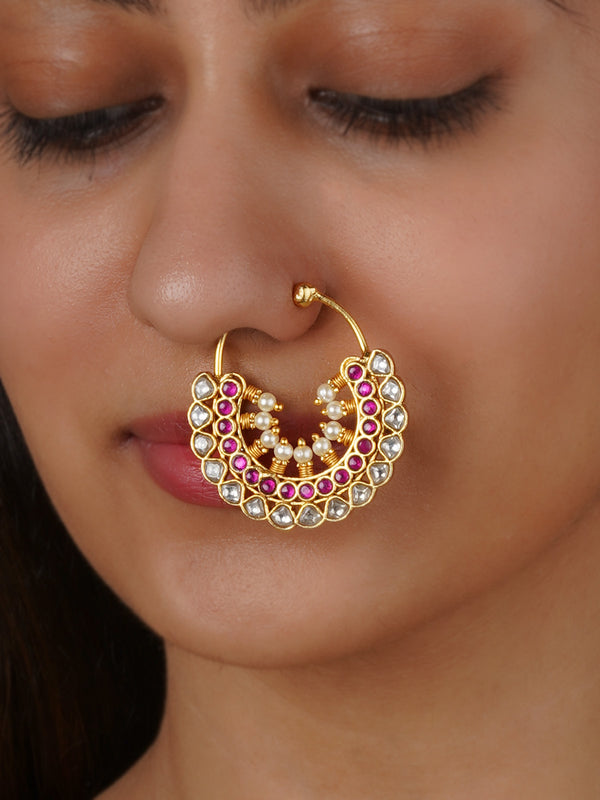 Pink Color Gold Plated Jadau Kundan Nosering - MNTH199WP