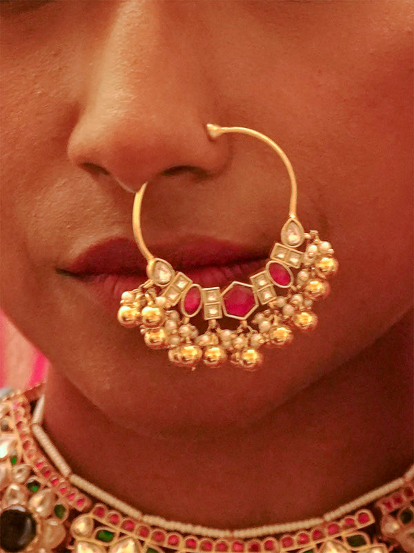 Pink Color Gold Plated Jadau Kundan Nosering - MNTH200WP