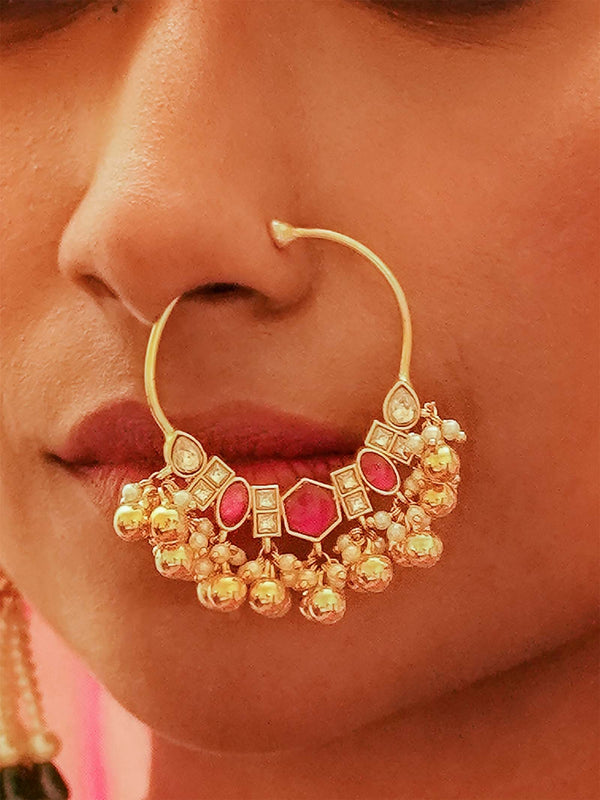 Pink Color Gold Plated Jadau Kundan Nosering - MNTH200WP