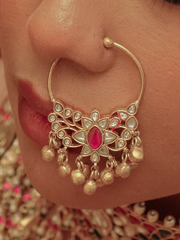 Pink Color Gold Plated Jadau Kundan Nosering - MNTH201WP