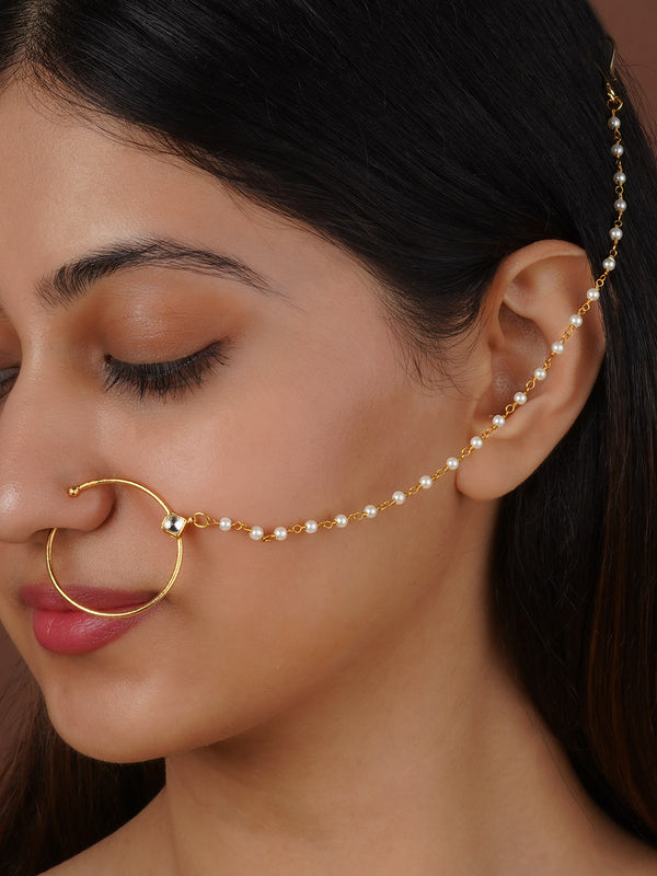 White Color Gold Plated Jadau Kundan Nosering - MNTH204