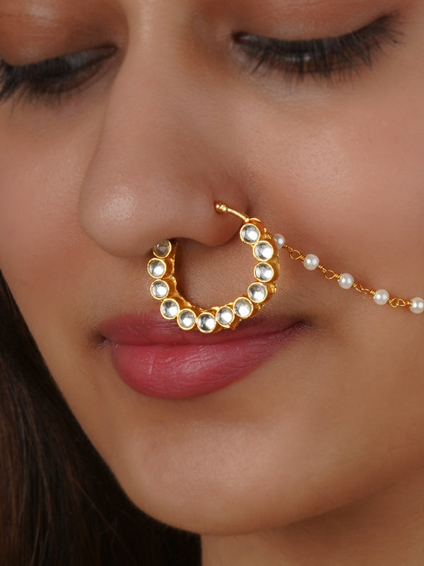 White Color Gold Plated Jadau Kundan Nosering - MNTH205