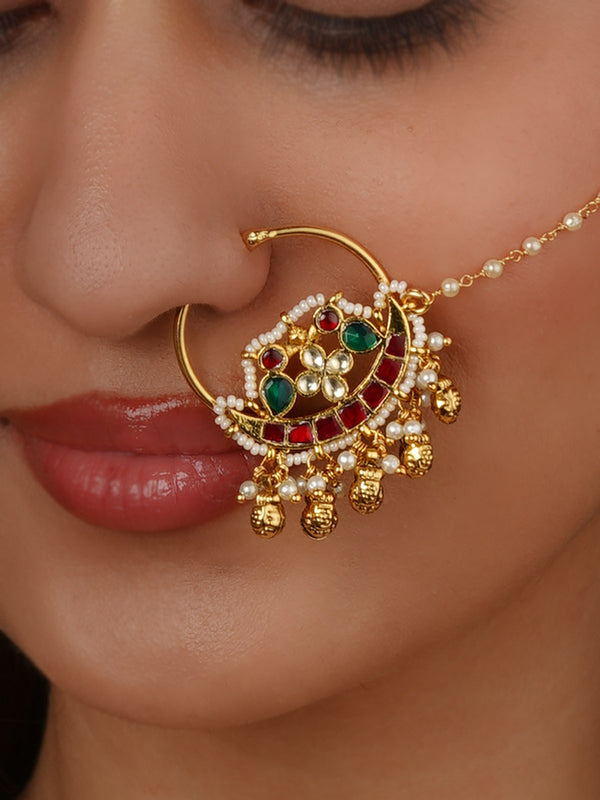 Multicolor Gold Plated Jadau Kundan Nosering - MNTH208M