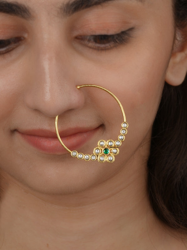 Green Color Gold Plated Jadau Kundan Nosering - MNTH210