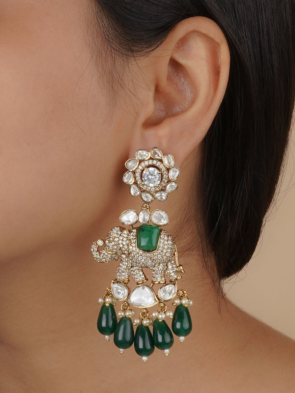 MO-EAR21WGR - Green Color Jadau Kundan Earrings