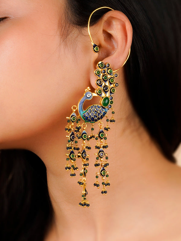 ME24 - Peacock Shaped Multicolor Gold Plated Jadau Kundan Earrings