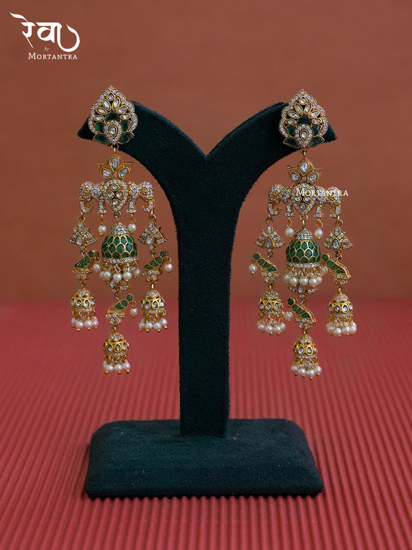 MO-EAR2WGR - Green Color Gold Plated Jadau Kundan Earrings