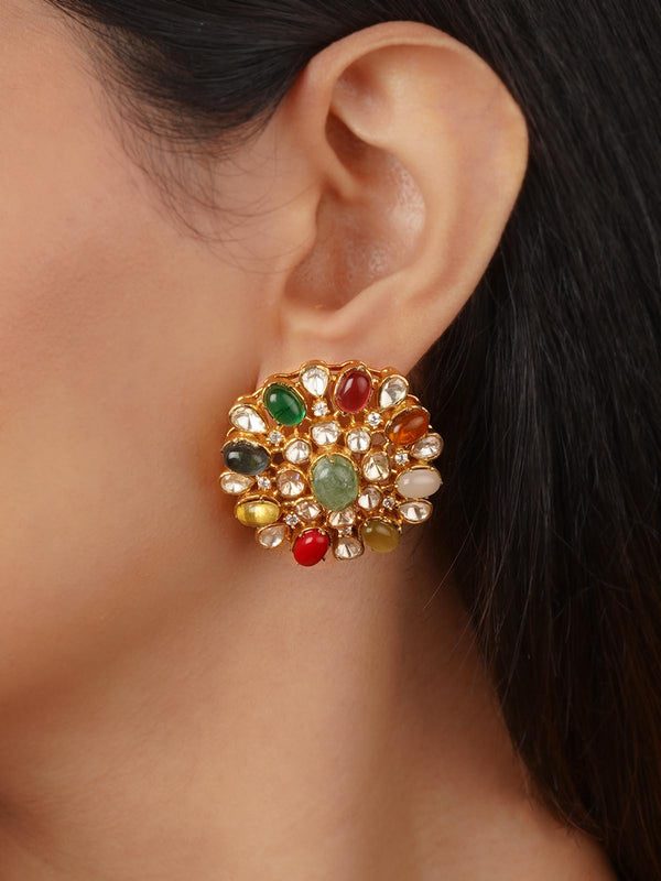 Navratna Gold Plated Jadau Kundan Earrings - MO-EAR40N