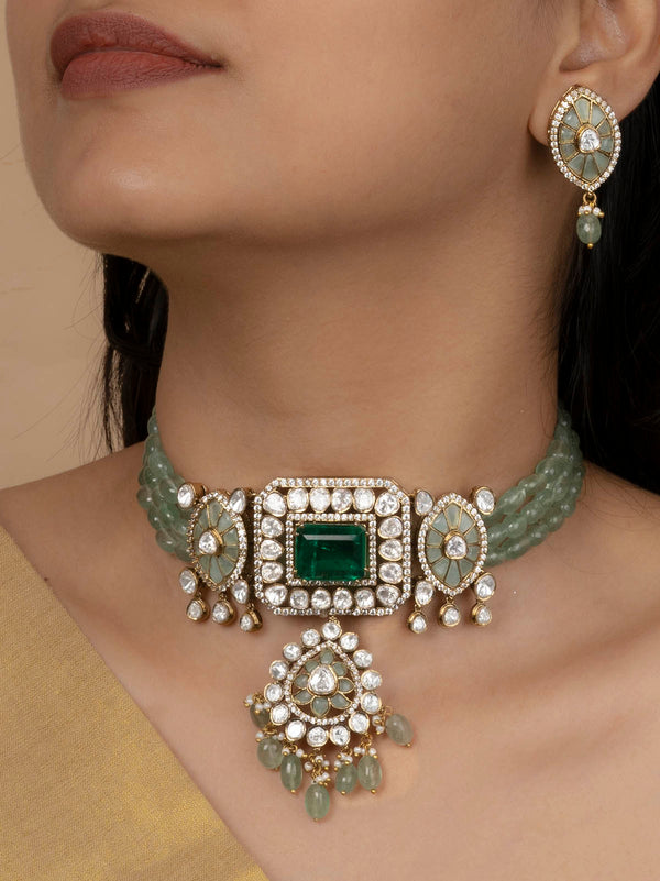 MO-S117LGR - Green Color Jadau Kundan Choker Necklace Set