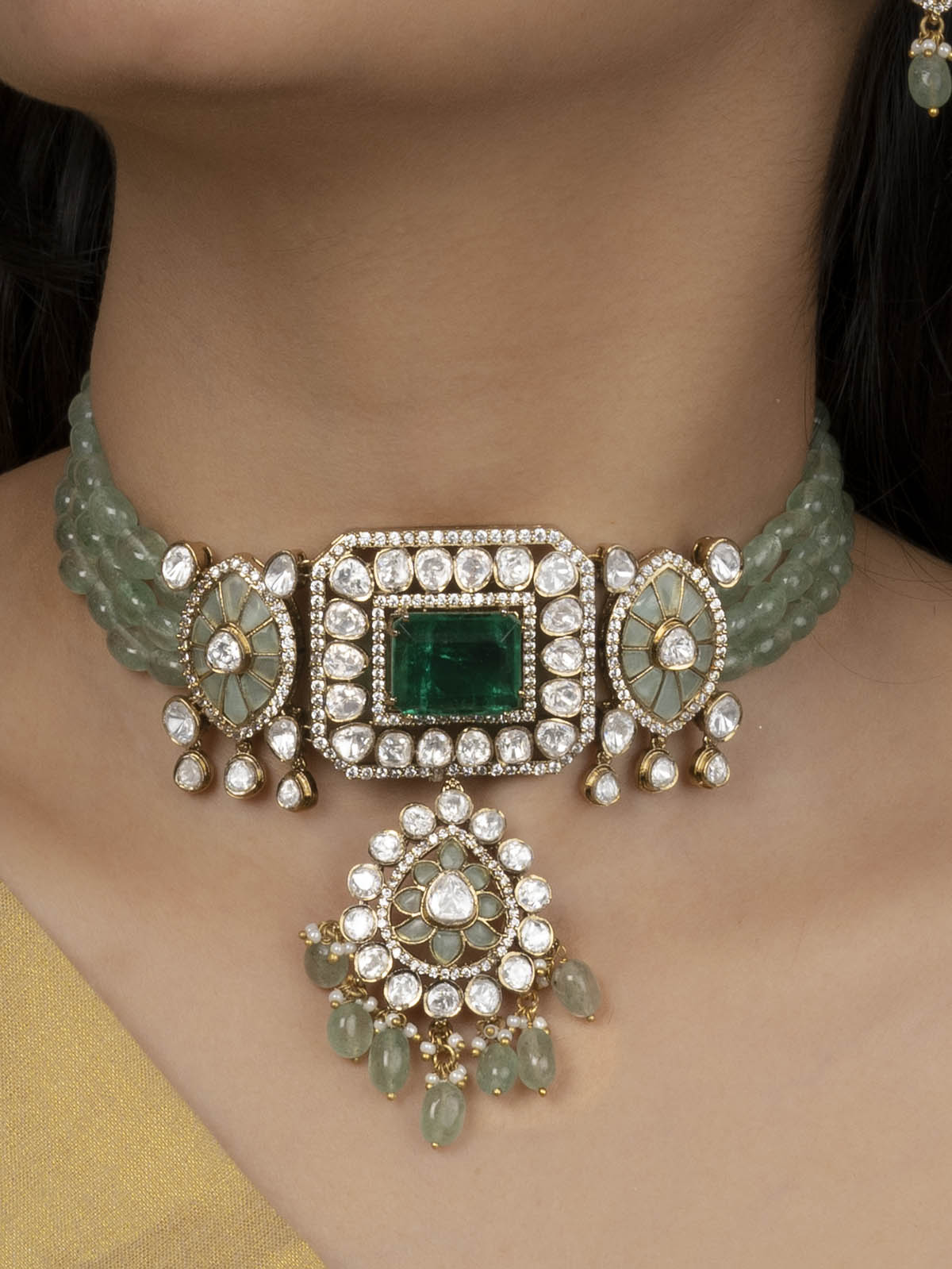 MO-S117LGR - Green Color Jadau Kundan Choker Necklace Set