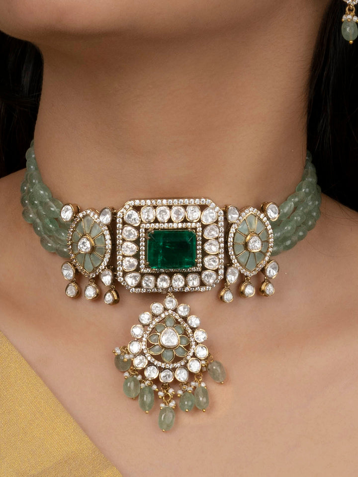 MO-S117LGR - Green Color Jadau Kundan Choker Necklace Set