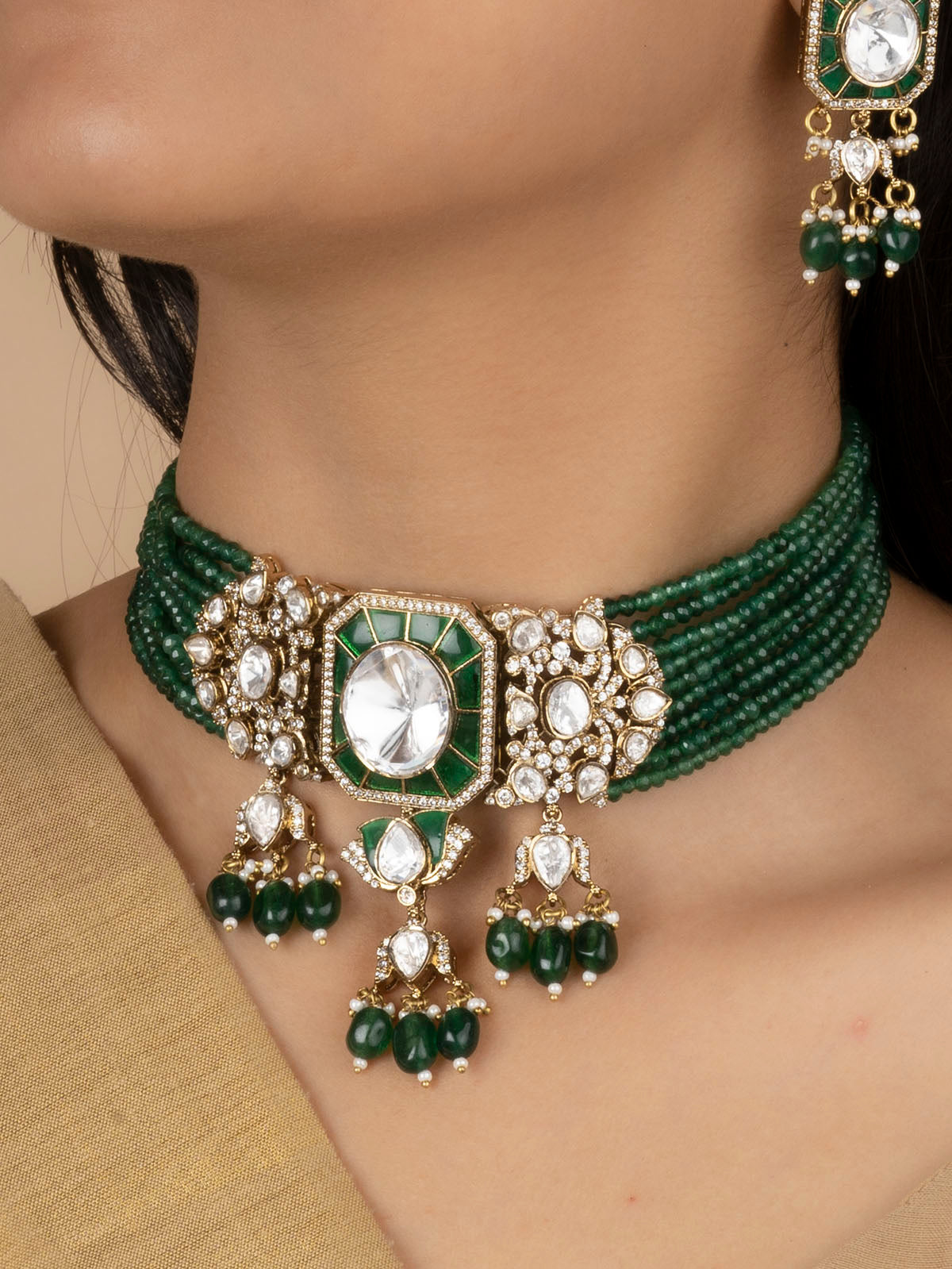 MO-S119GR - Green Color Jadau Kundan Choker Necklace Set