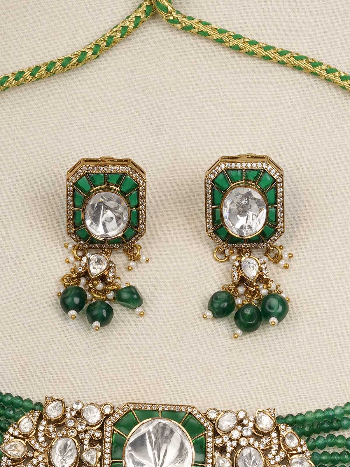 MO-S119GR - Green Color Jadau Kundan Choker Necklace Set