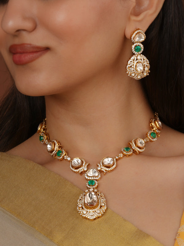 Green Color Gold Plated Moissanite Necklace Set - MO-S146LGR