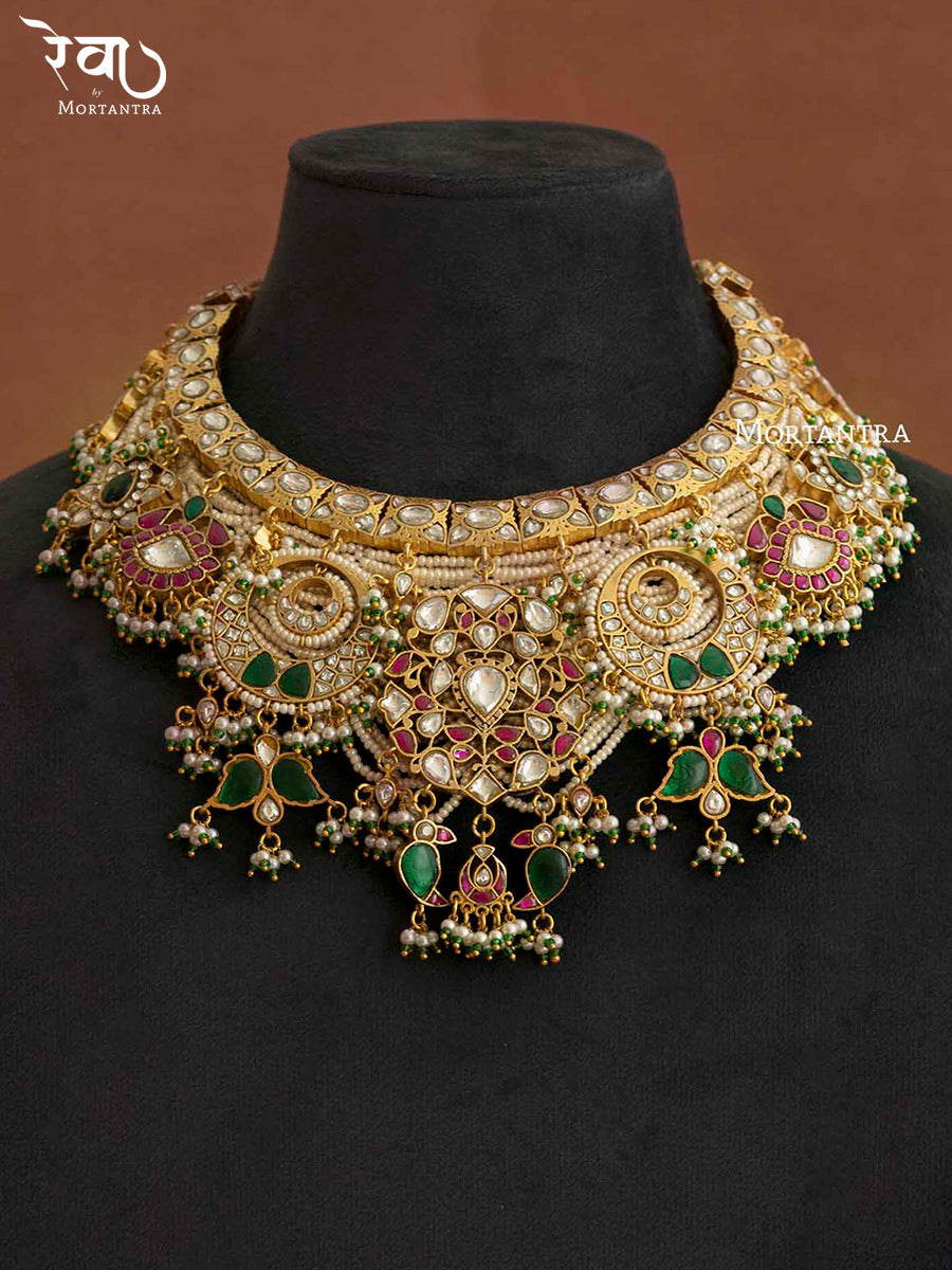 MO-S27M - Multicolor Gold Plated Bridal Jadau Kundan Medium Necklace Set