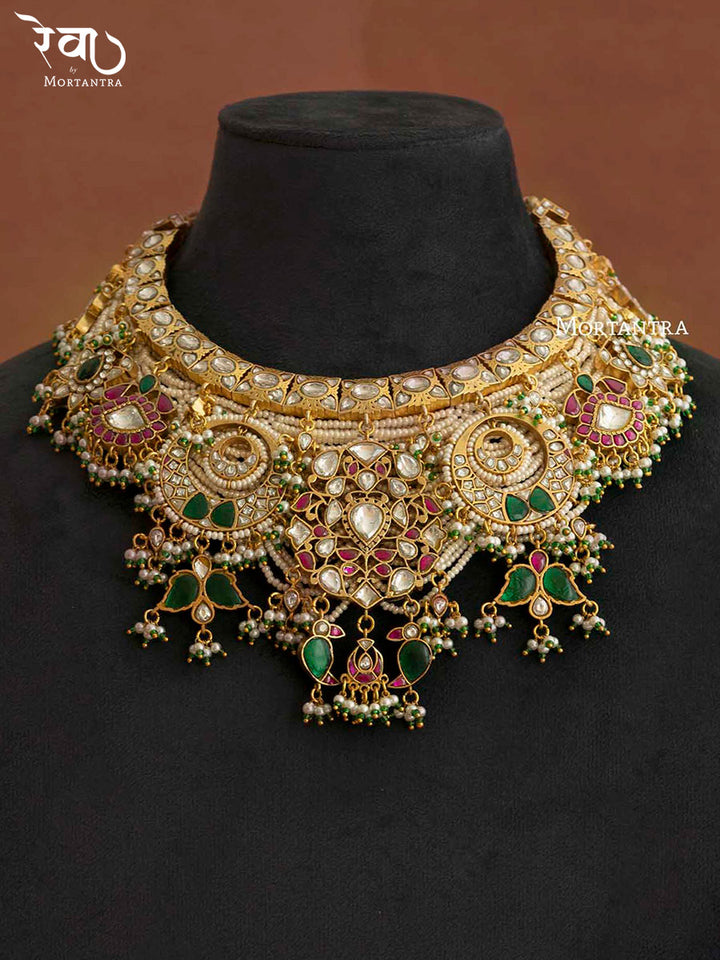 MO-S27M - Multicolor Gold Plated Bridal Jadau Kundan Medium Necklace Set