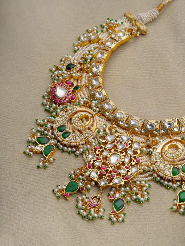 MO-S27M - Multicolor Gold Plated Jadau Kundan Bridal Necklace Set
