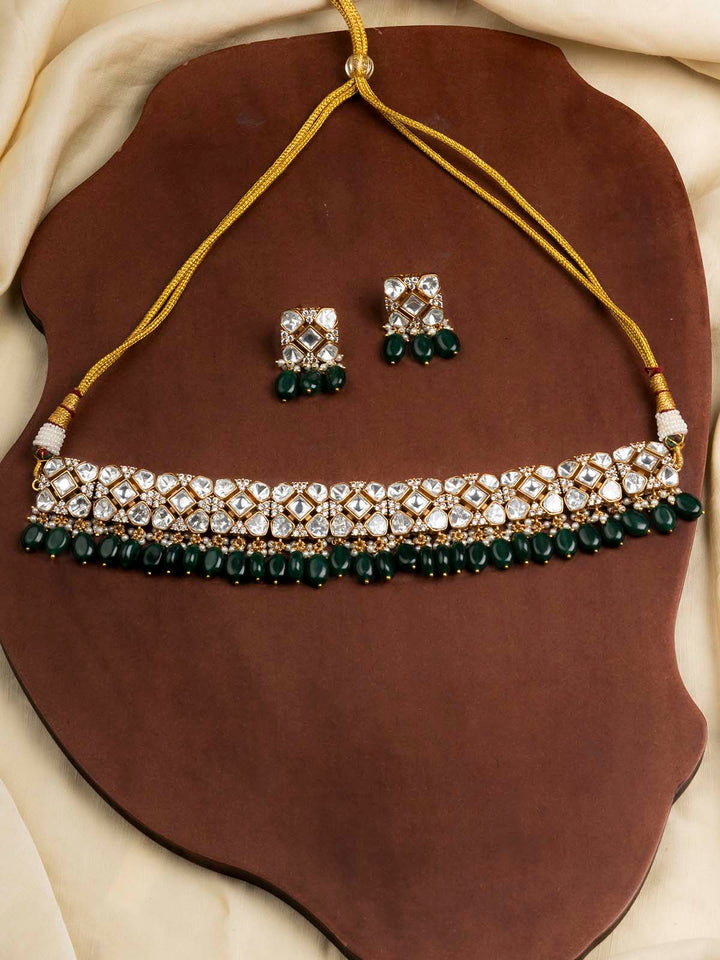 MO-S3WA - Green Color Jadau Kundan Choker Necklace Set