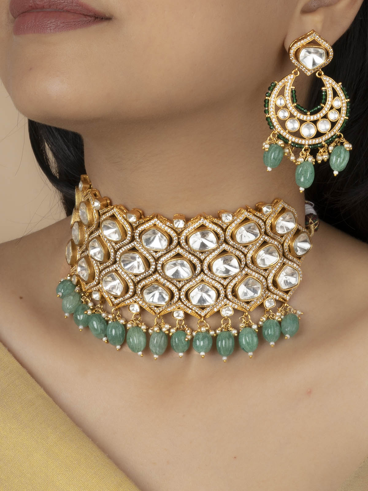 MO-S40 - Green Color Jadau Kundan Choker Necklace Set
