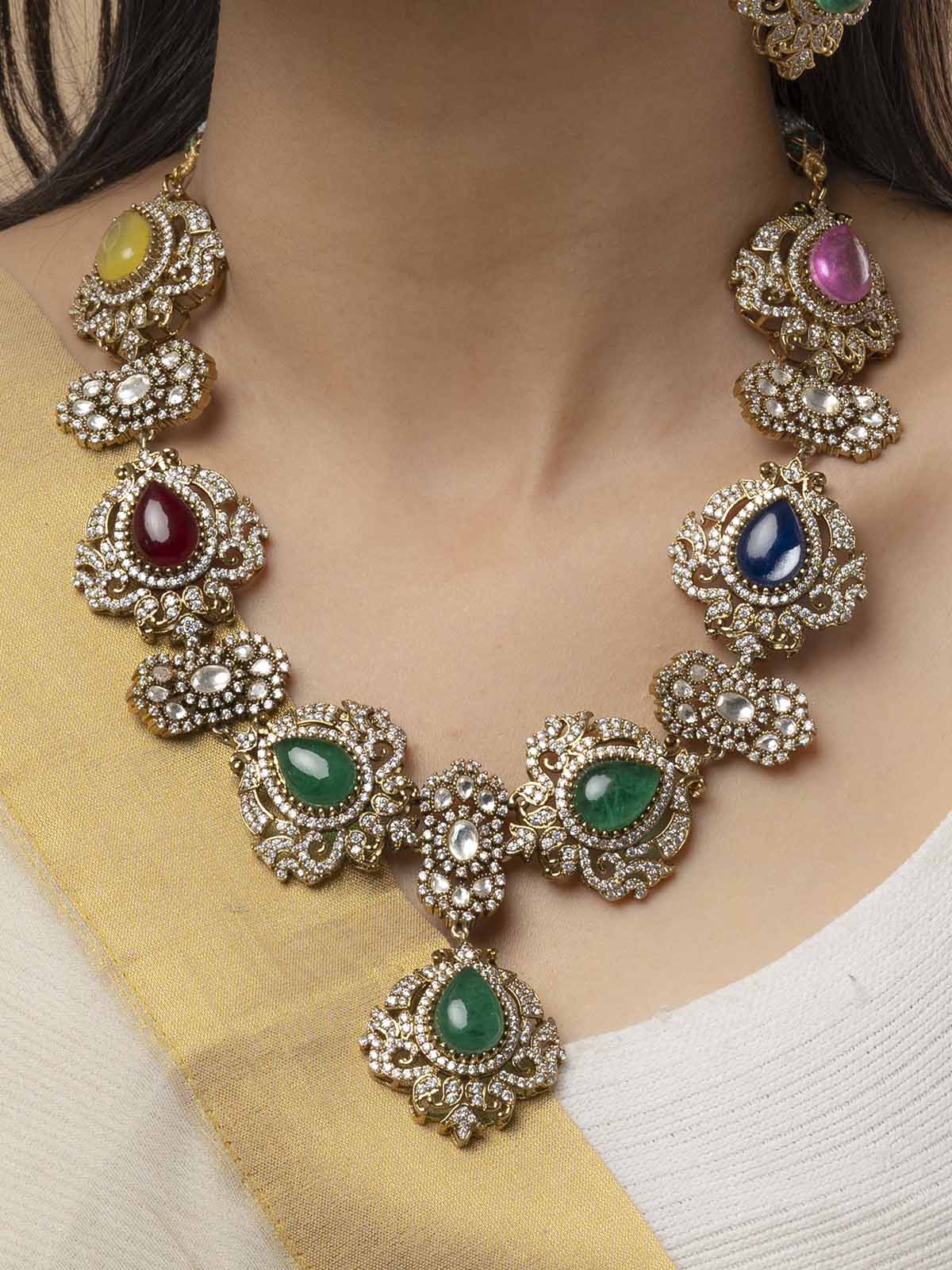 MO-S42 - Multicolor Navratna Jadau Kundan Choker Necklace Set
