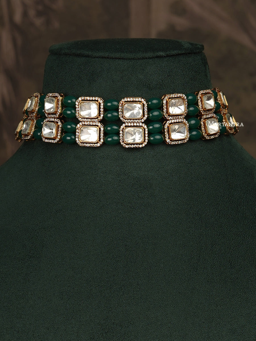 MO-S43GR - Green Color Jadau Kundan Choker Necklace Set
