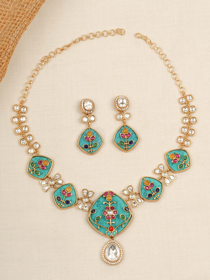 MO-S48MGR - Multicolor Gold Plated Jadau Kundan Medium Necklace Set